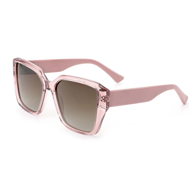 Front-side view of pink oversized square sunglasses made from high-quality laminated acetate by a China spectacle frame factory.