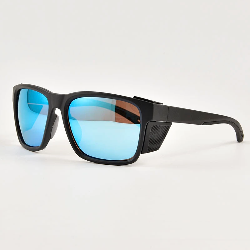 Side profile showing the integrated windproof blockers on fishing sunglasses with side shields. Designed to block lateral sun glare on the water.