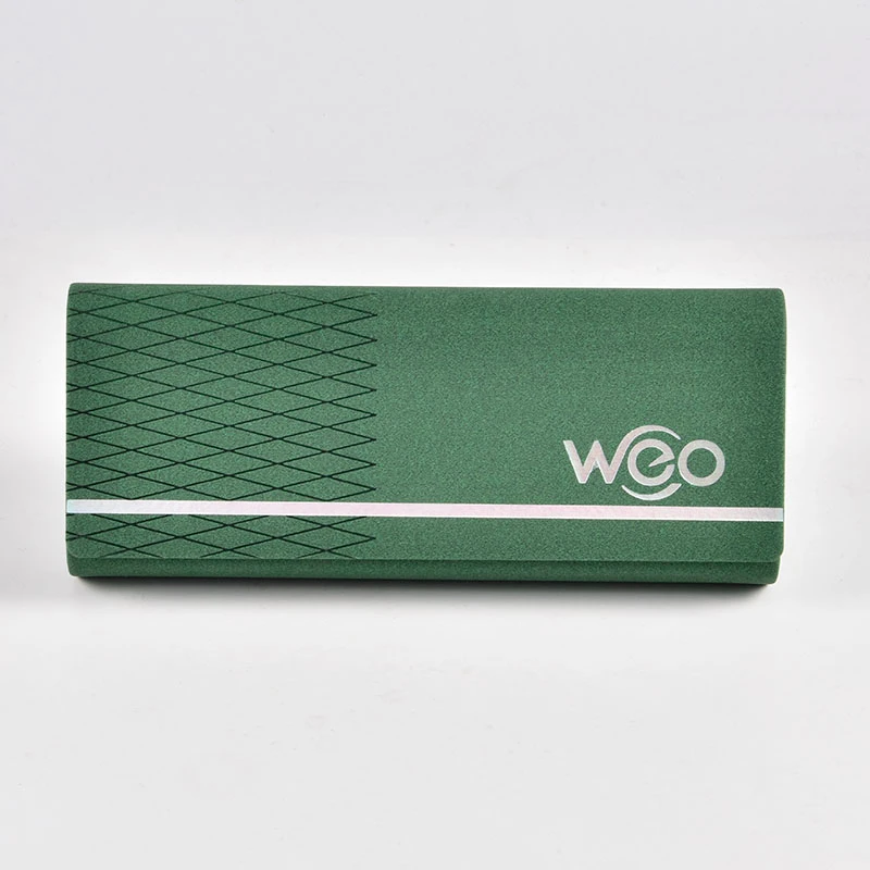 a green color sunglasses case with WEO logo.