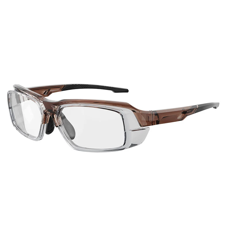 Translucent brown safety spectacle frames with side shields. Prescription-ready (Rx-able) design for custom optical safety eyewear orders.