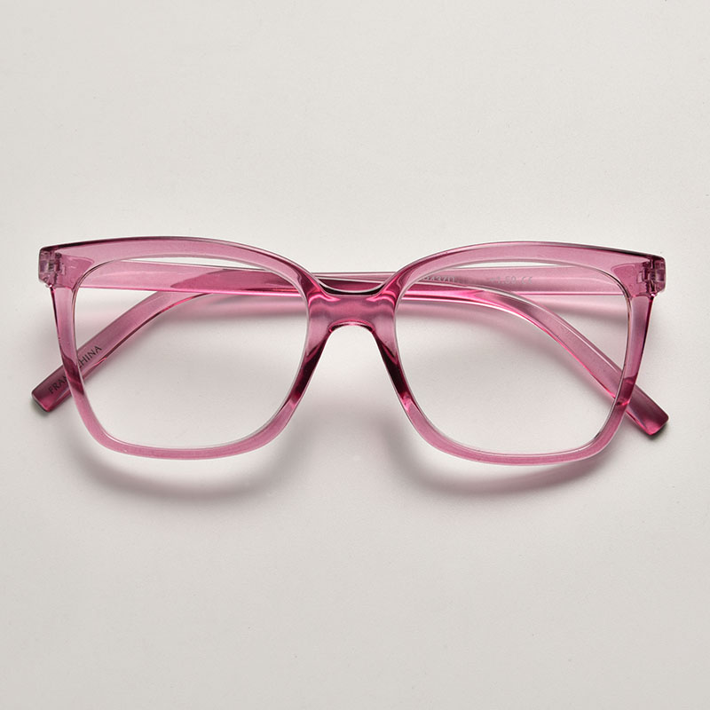 Trendy transparent crystal pink reading glasses frames. Fashionable square design for women, offering OEM customization services for importers.