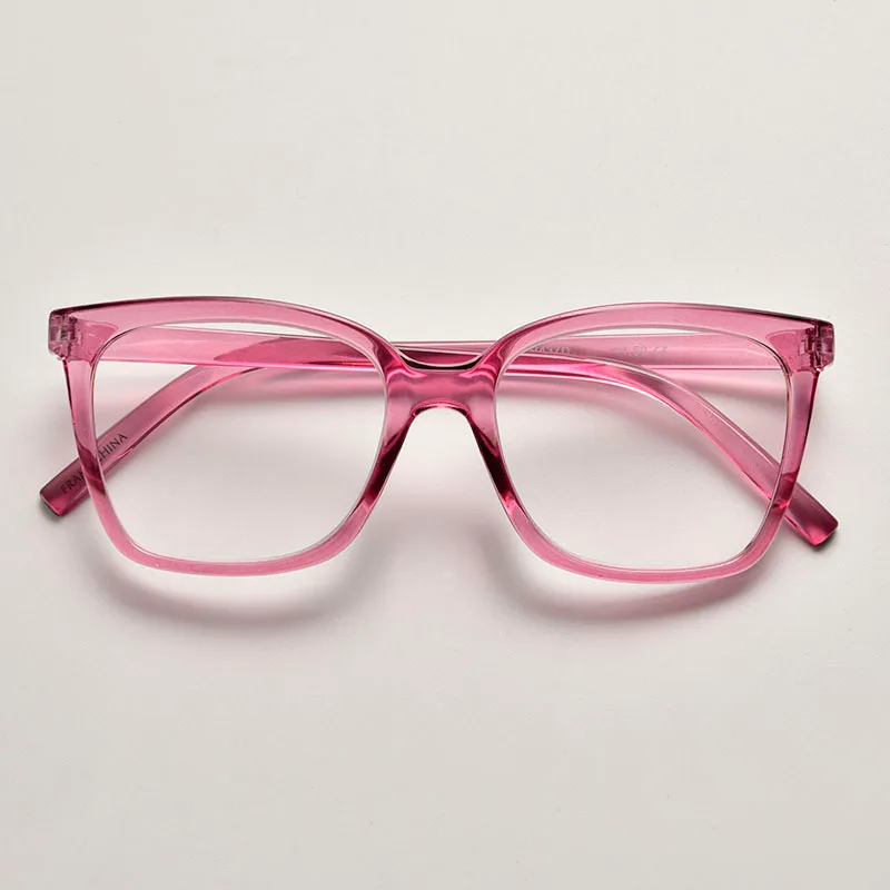 Trendy transparent crystal pink reading glasses frames. Fashionable square design for women, offering OEM customization services for importers.