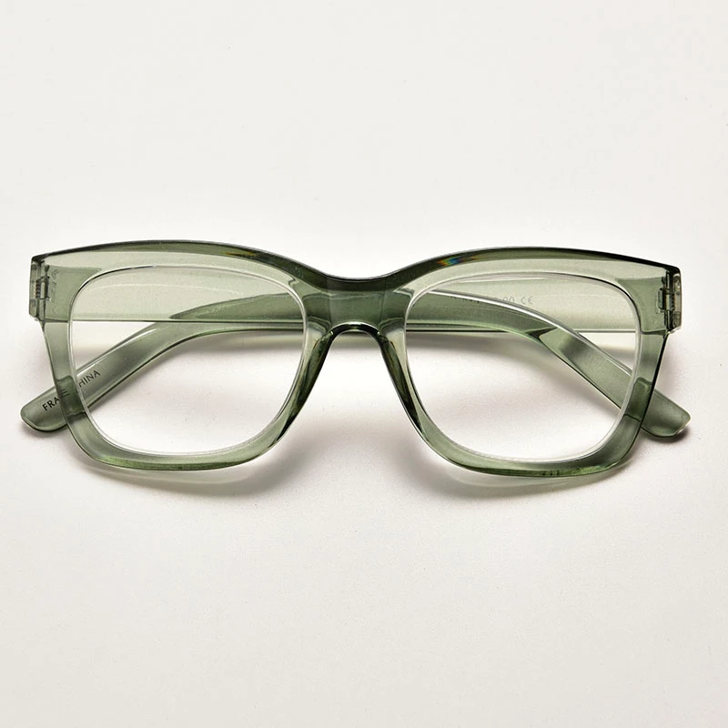 Trendy olive green crystal square reading glasses. Lightweight injection-molded frames with integral hinges, available for bulk reading glasses wholesale orders with competitive factory pricing.