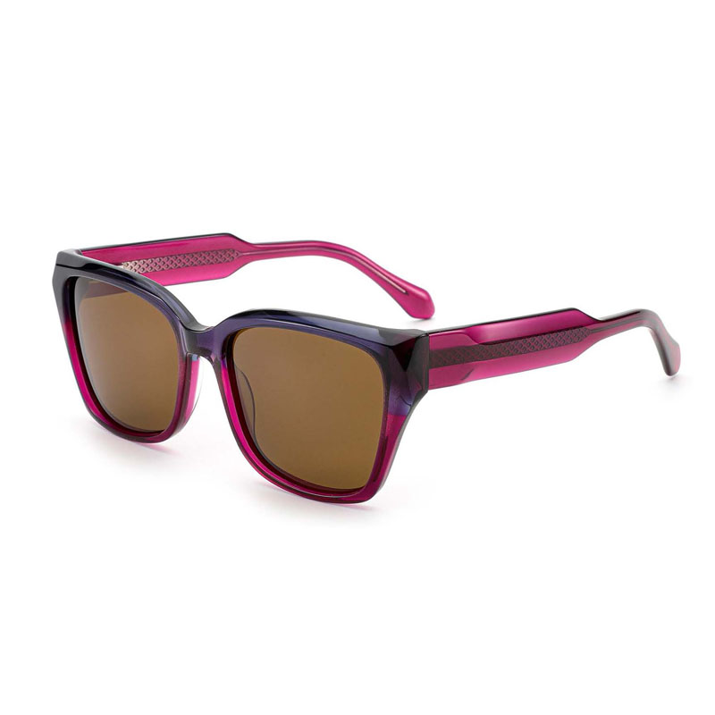 Bold purple and fuchsia two-tone acetate sunglasses with a unique wide temple design for wholesale buyers.