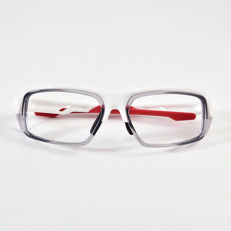 White frame lensless pickleball eye protect safety glasses with red rubber temples and integrated side shields. High-impact protective eyewear factory for wholesale.