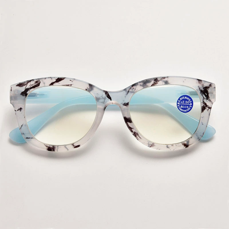 Modern white stone texture computer readers supplied by manufacturer. Unique grey marble pattern eyewear with blue light filtering lenses for OEM private label collections.