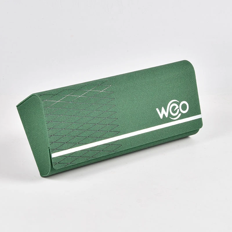 side view of green color sunglasses with WEO logo for eyewear brand.