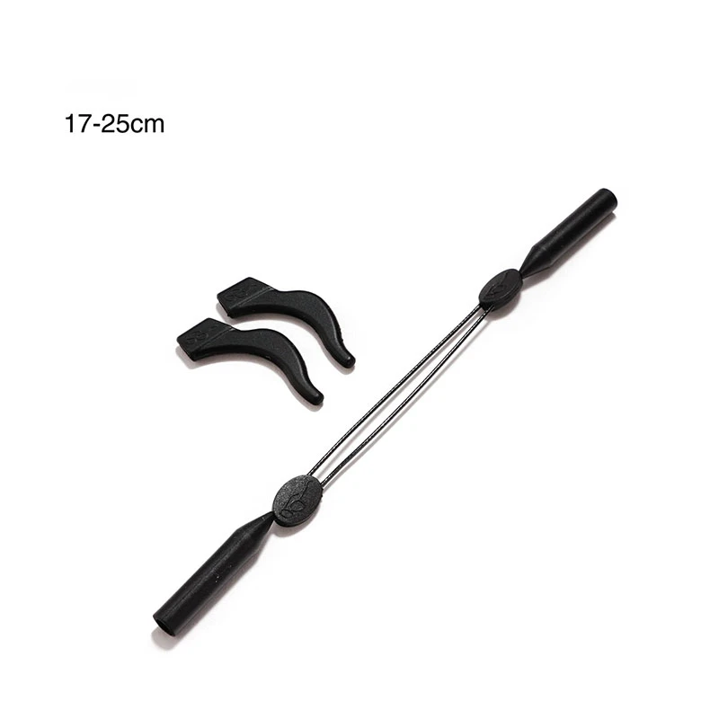 Black coated eyewear retainer with silicone temple grips, available in custom lengths 17-25cm for wholesale bulk orders.