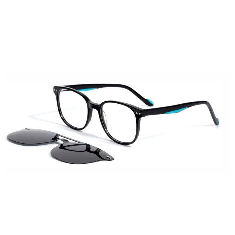 Black glasses frames with blue laminated temples and clip on sunglasses.