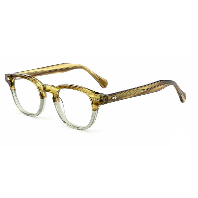 Transparent amber acetate eyewear frames with classic keyhole bridge nose pad.