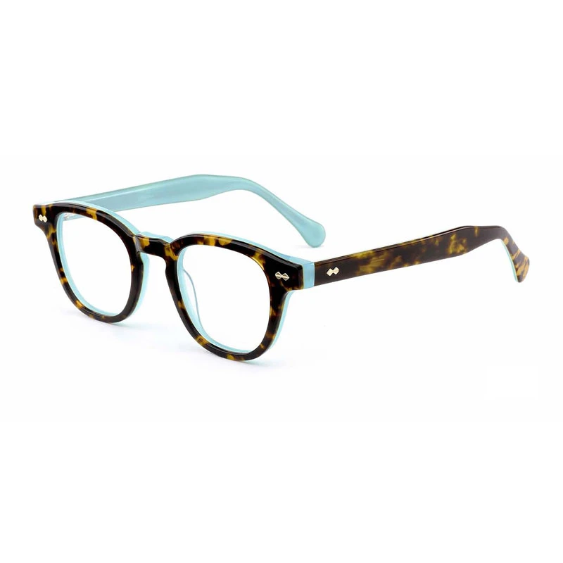 acetate eyewear frames with keyhole bridge in tortoiseshell and blue color.
