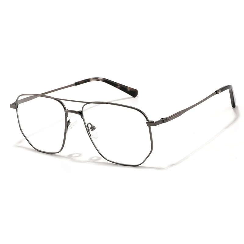 side view of aviator eyeglass frames in gunmetal grey showing temples details.
