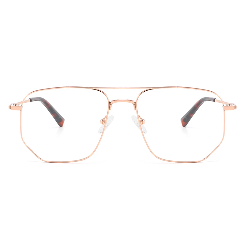 a pair of aviator eyeglass frames in rose gold with double bridge design.