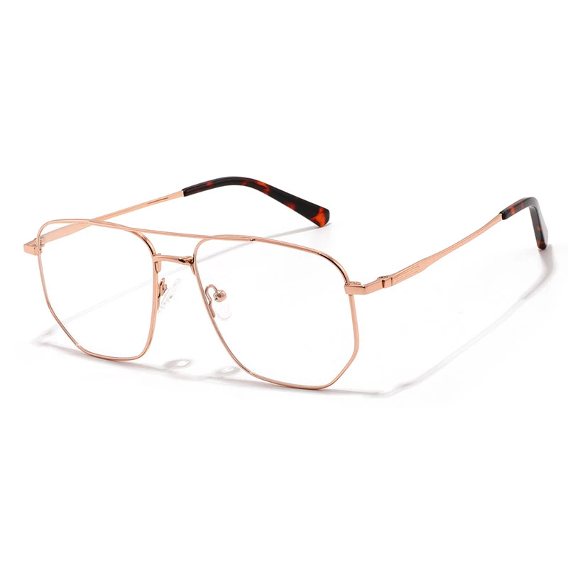 Fashion aviator eyeglass frames rose gold side view showing temple details.