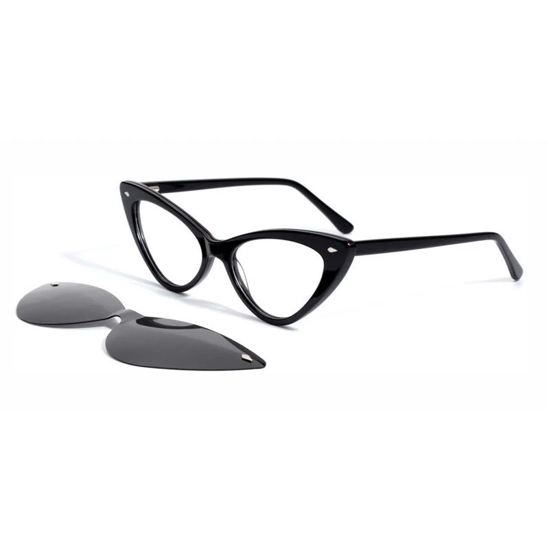 Classic black vintage cat eye glasses frames with the matching polarized magnetic sun clip-on detached.