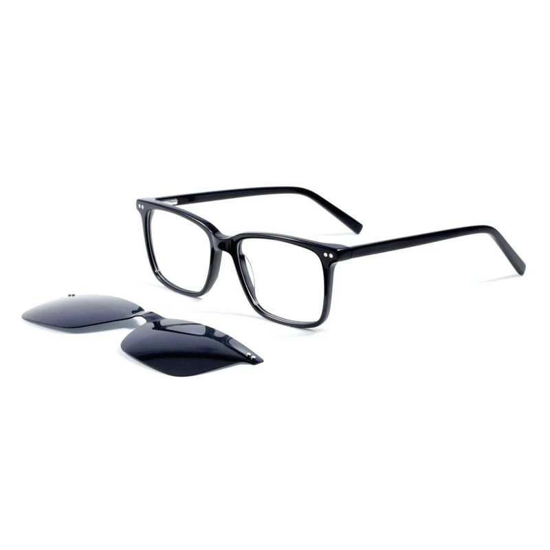 Classic black rectangular magnetic frame glasses shown with the separate polarized sun clip-on.