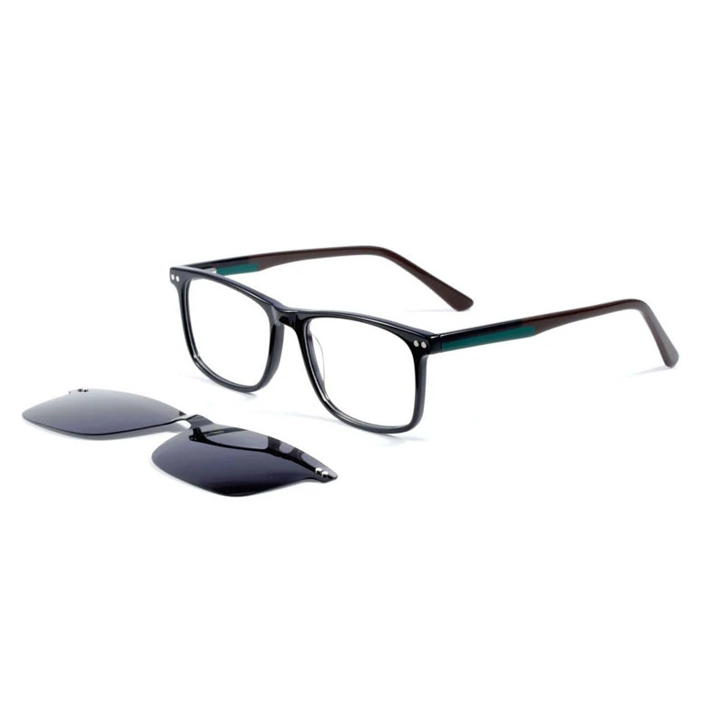 OEM magnetic clip-on optical frames black with green temples, polarized sun lens attachment.