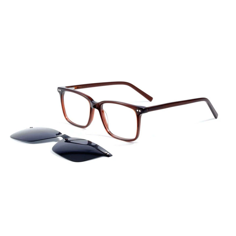Shiny brown rectangular magnetic glasses with a polarized clip-on for sunglasses.