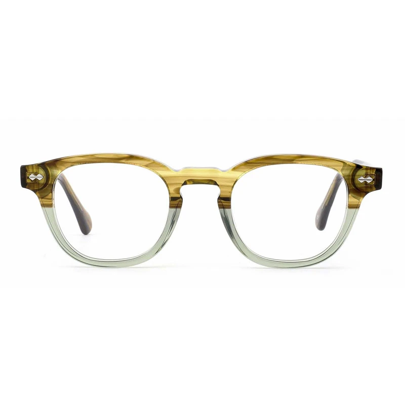 front view of amber color acetate eyeglass frames.