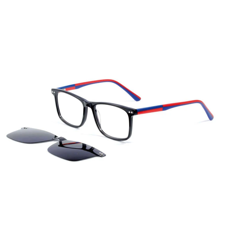 Bulk order magnetic eyeglass frames black with blue red temples, snap-on sunglasses attachment included.