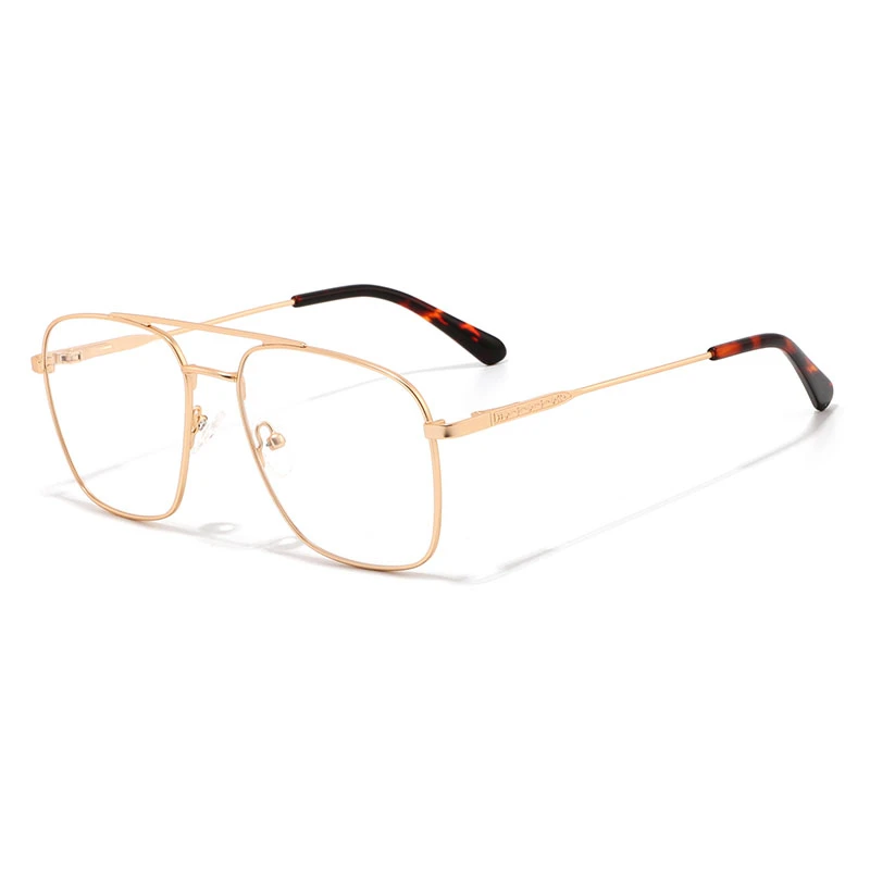 Angled view of a high-quality gold metal pilot glasses frame, show the durable finish.