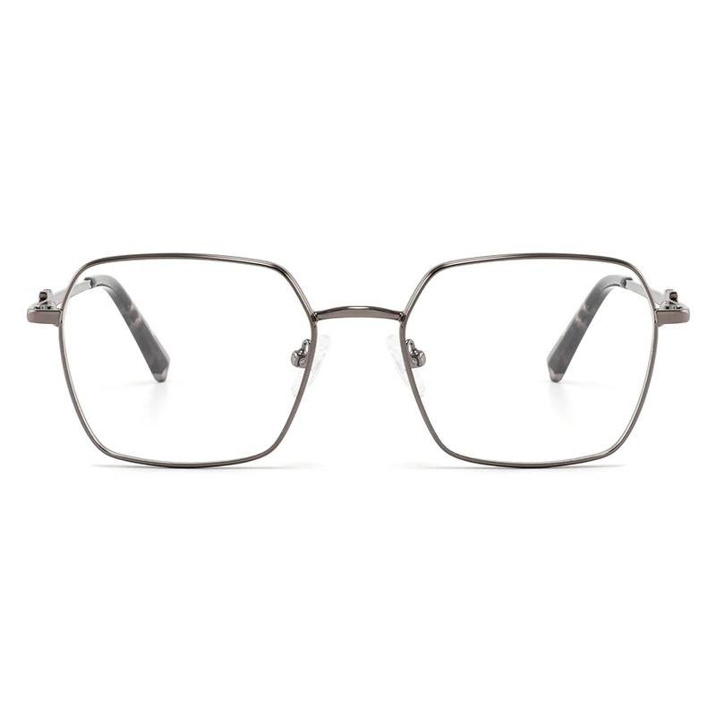 front view of ladies metal frame glasses in gunmetal grey square shape.