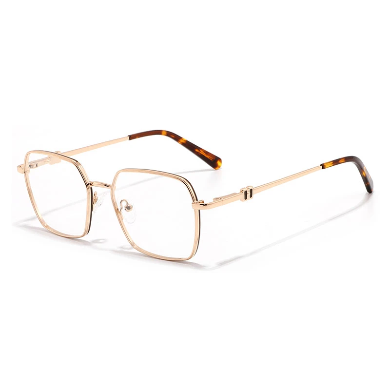 a pair of metal frame glasses in rose gold square design with tortoiseshell temples.