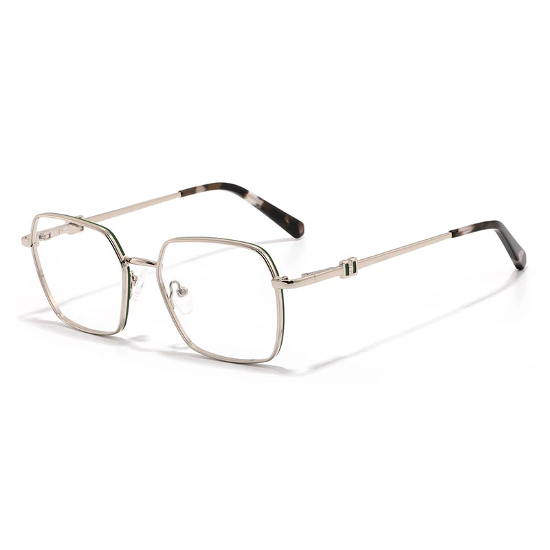 a side view of metal frame glasses in silver with square shape and temple details.