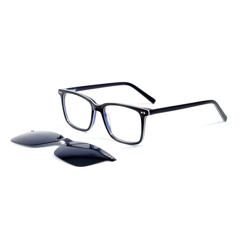 magnetic frame glasses in black with a blue crystal laminate.