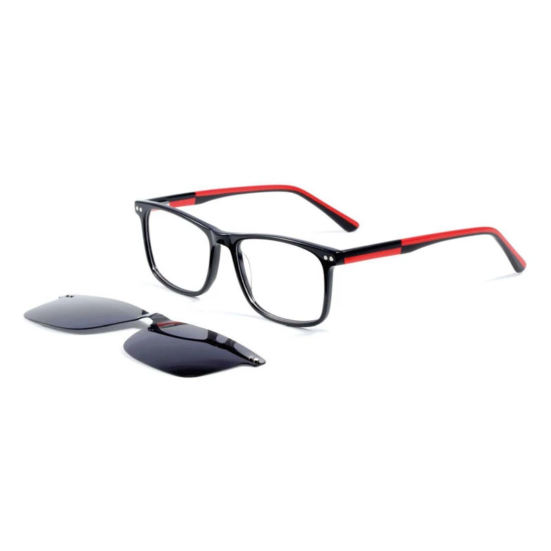 Wholesale magnetic clip-on glasses frames in black with red temples, includes detachable polarized sunglasses lens.