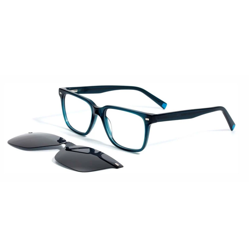 a magnetic glass frames in blue color with detachable polarized sunglasses clip.