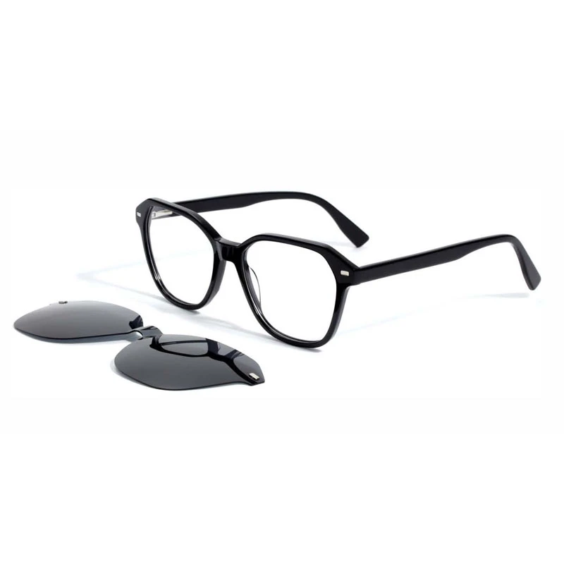 Front view of black magnetic spectacle frames with the polarized sun clip-on detached.