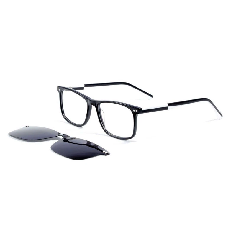 Custom magnetic sunglasses frames black and white temple design with clip-on polarized lens for prescription glasses.