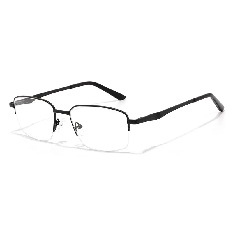 a paire of mens metal frame glasses in black half-rim design.