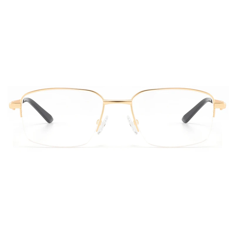 Luxury mens metal frame glasses gold half-rim front.