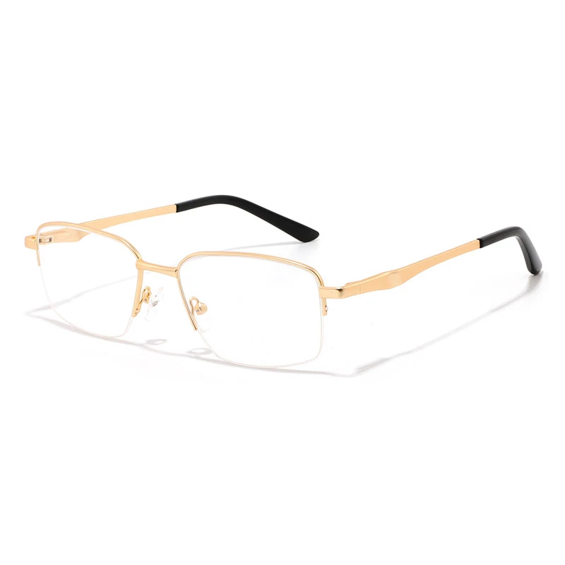 Premium mens metal frame glasses gold side view detail.