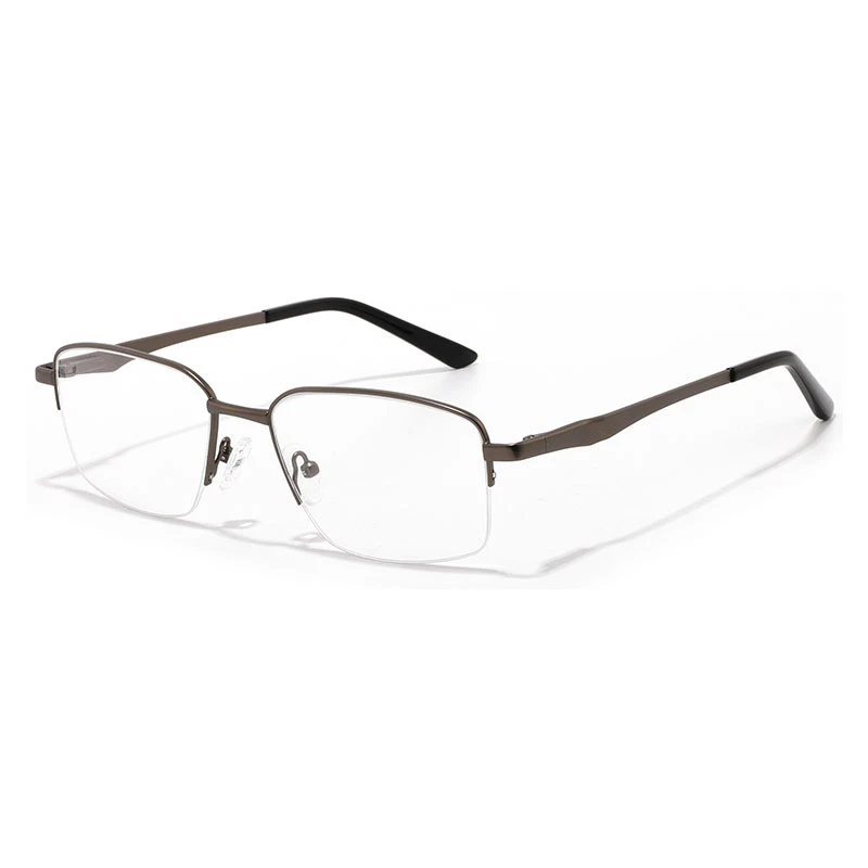 minimalised mens metal frame glasses gunmetal semi-rimless style.