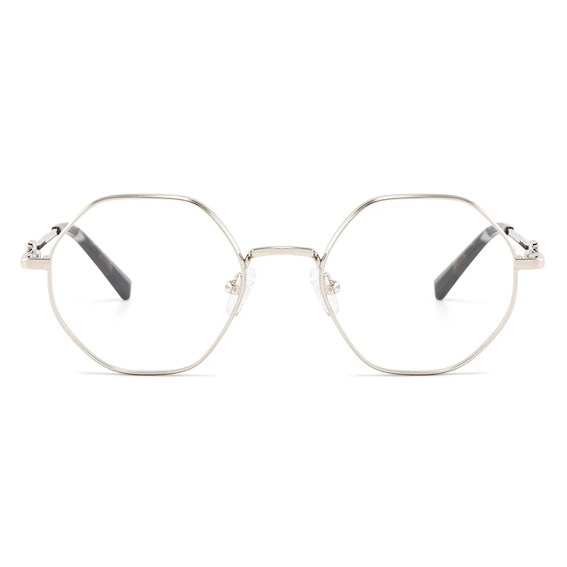 front view of silver color geometric metal frame glasses.