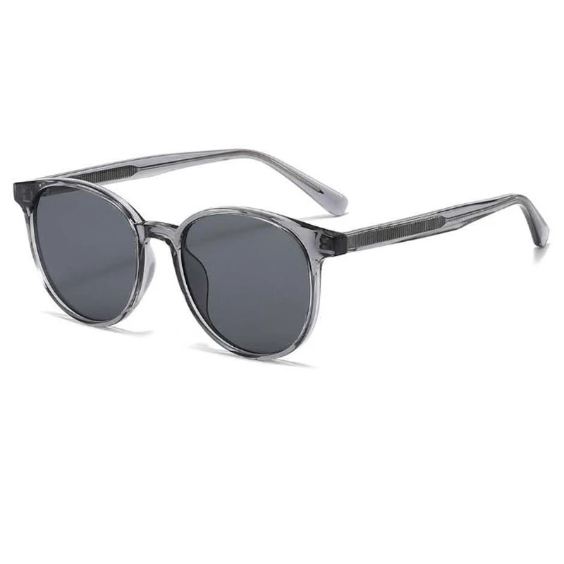 a polarized round frame sunglasses in a dark grey finish.