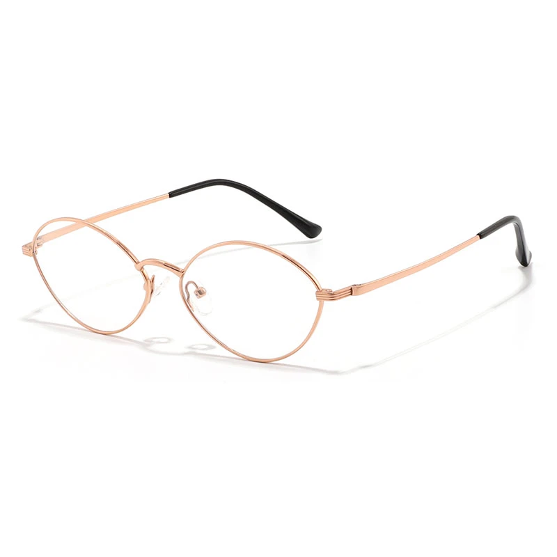 side view of a round metal optical frames rose gold finish.