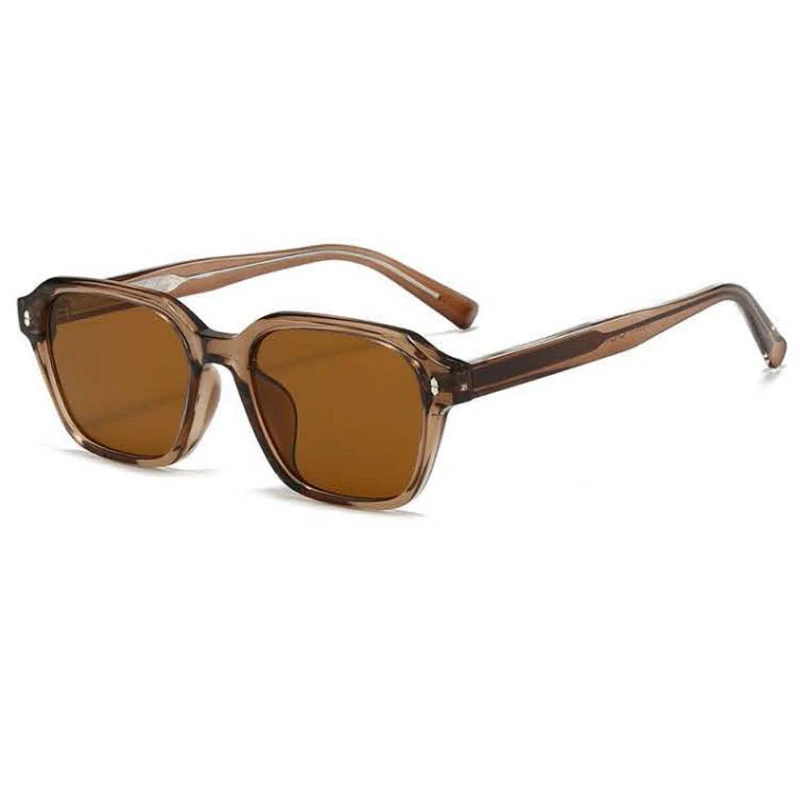 Angled view of stylish sunglasses in brown color.