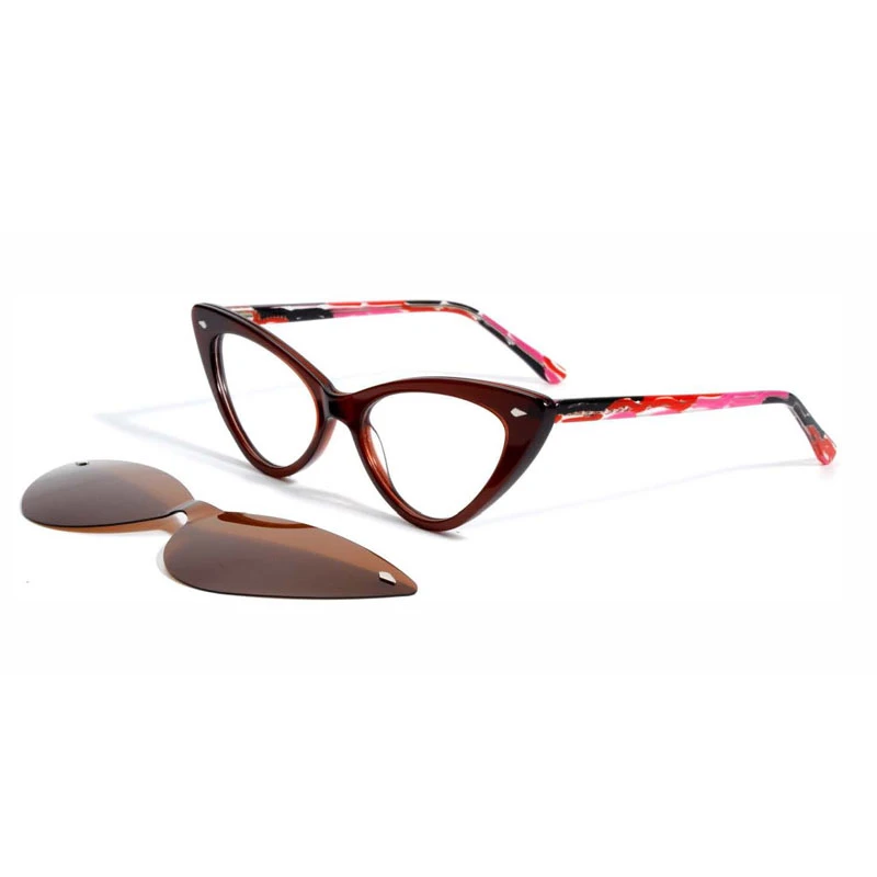 Elegant brown vintage cat eye frames with colorful temples and a brown polarized magnetic clip-on.