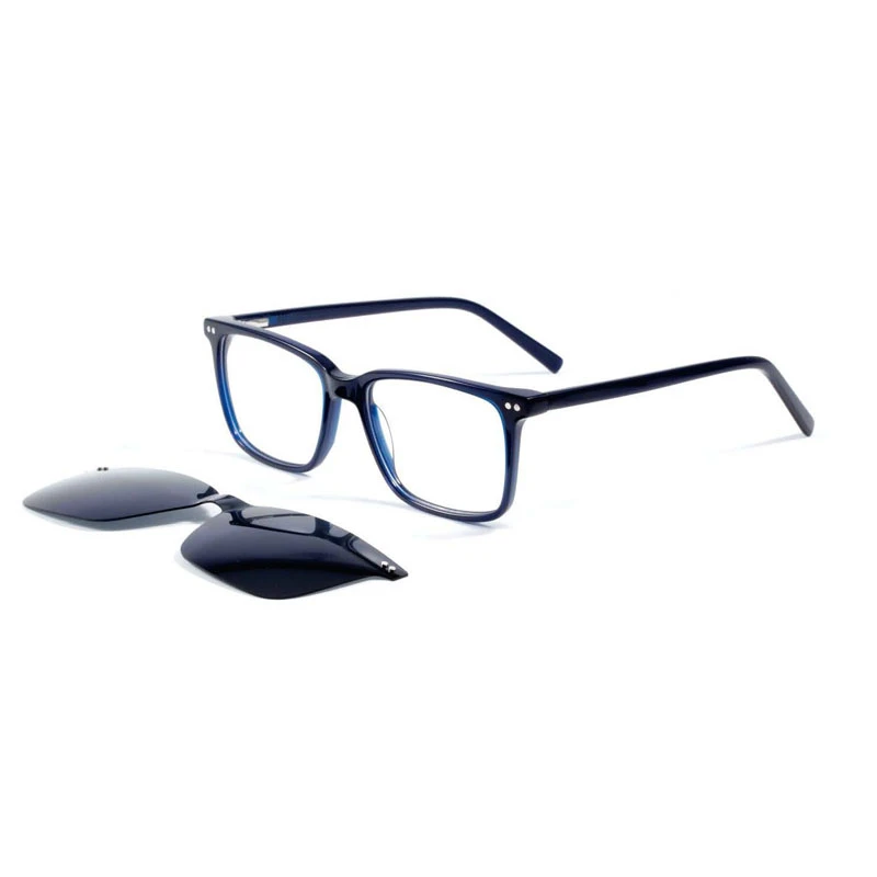 Stylish navy blue magnetic frame glasses with a matching polarized sun clip.