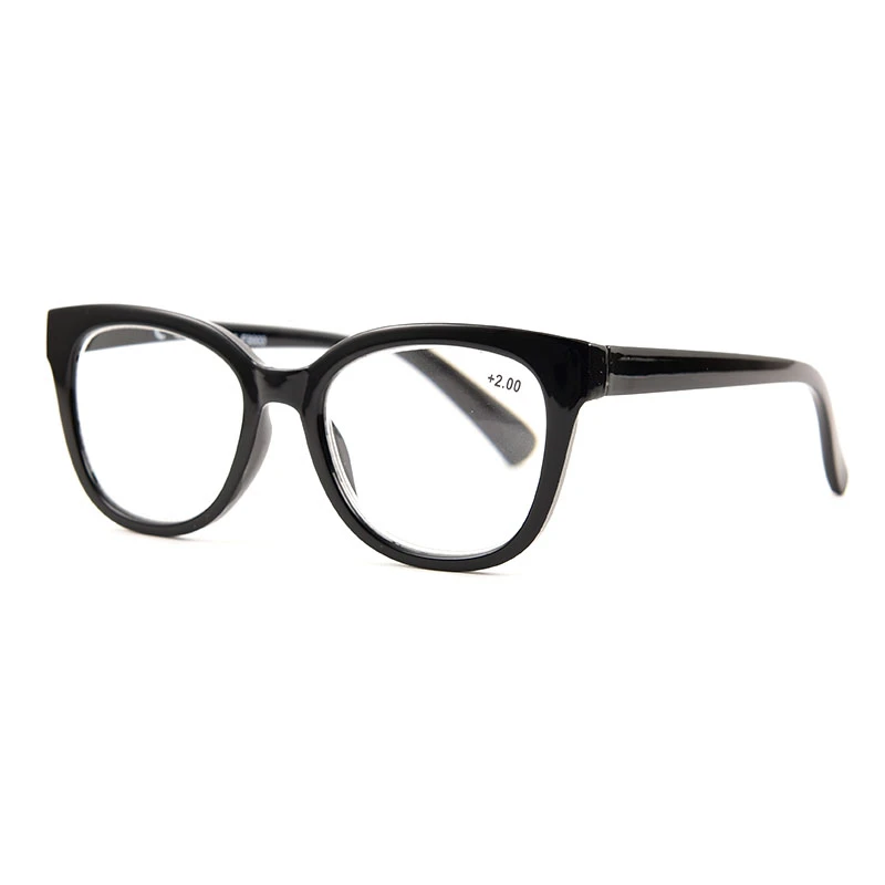Women's cat-eye reading glasses in glossy black — full-rim acetate-style frame, angled view, OEM factory direct