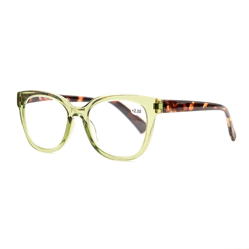 Women's cat-eye reading glasses in crystal green and tortoise pattern side angle view