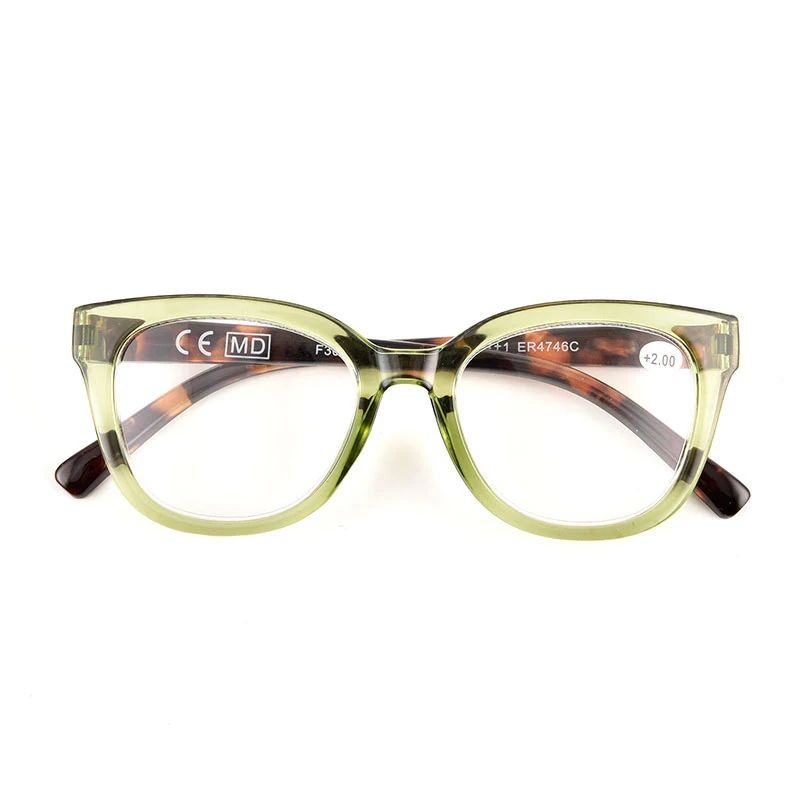 Designer reading glasses for women cat-eye full-rim frame in transparent green with tortoise temple, front view, factory direct wholesale