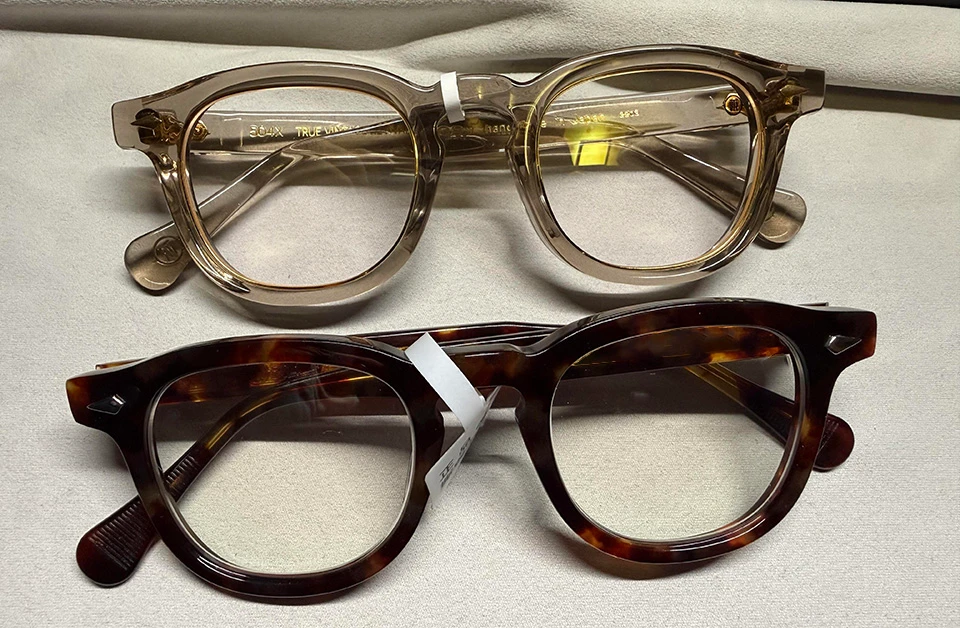 two acetate sheet samples from Mazzucchelli Italy and Japanese producers for eyewear manufacturing comparison
