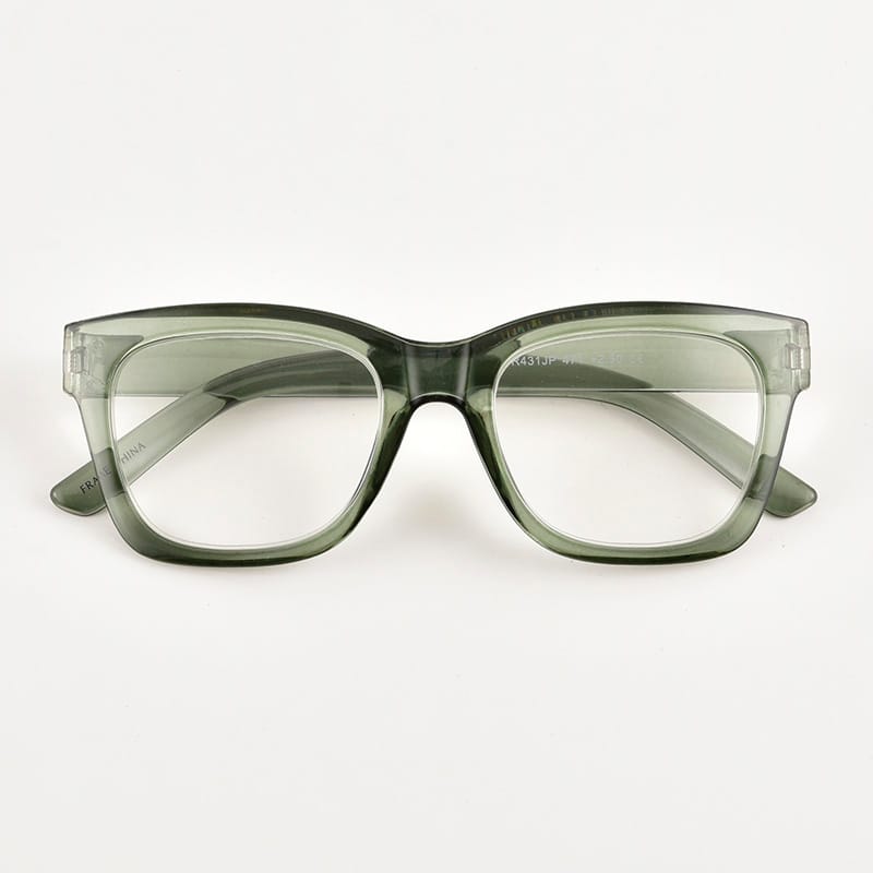 Women's oversized reading glasses in transparent green square frame, front view.