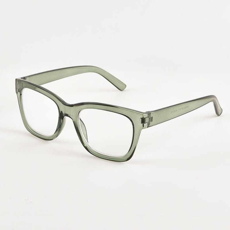 Women's square reading glasses transparent green side angle view.