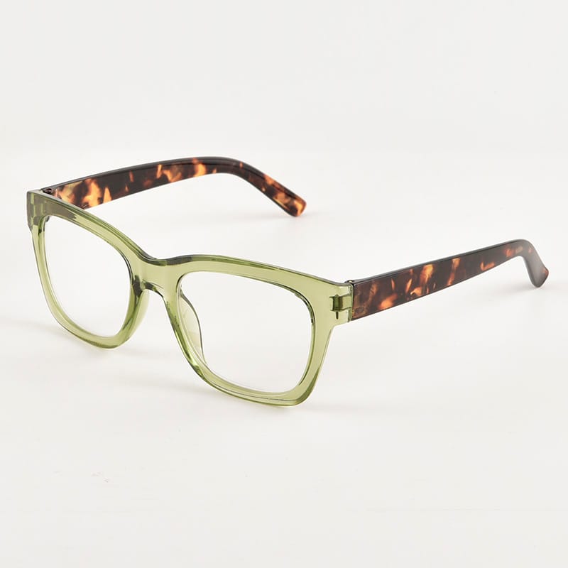 Women's designer reading glasses green tortoise oversized square frame, side view.